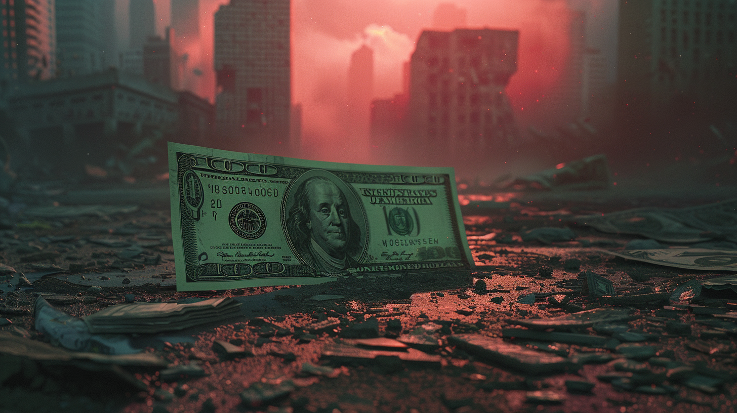 A Dollar Bill with Devil's Face in Ruined City