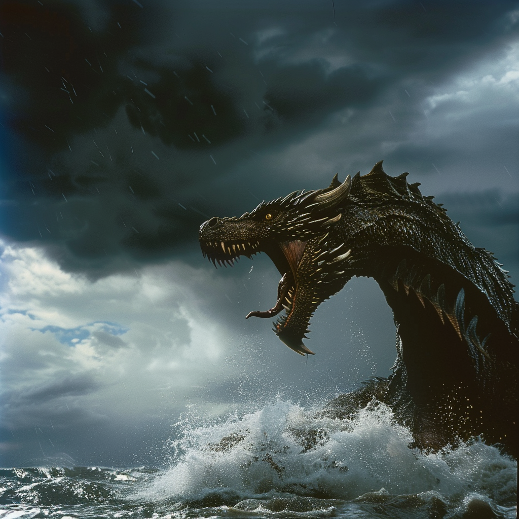 A Dragon Emerging from Sea under Stormy Sky