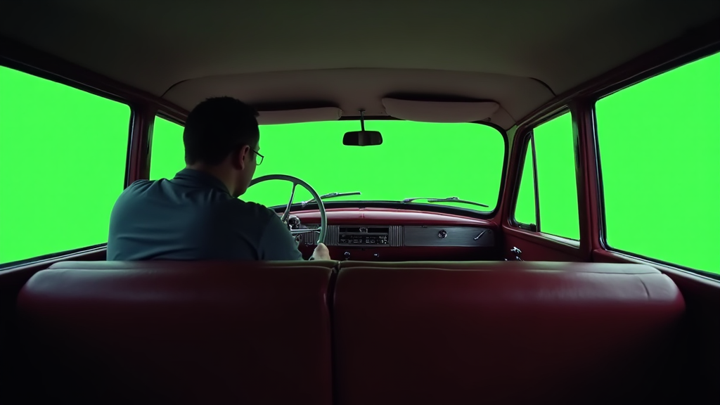 A Driver in old car with green screen windows.