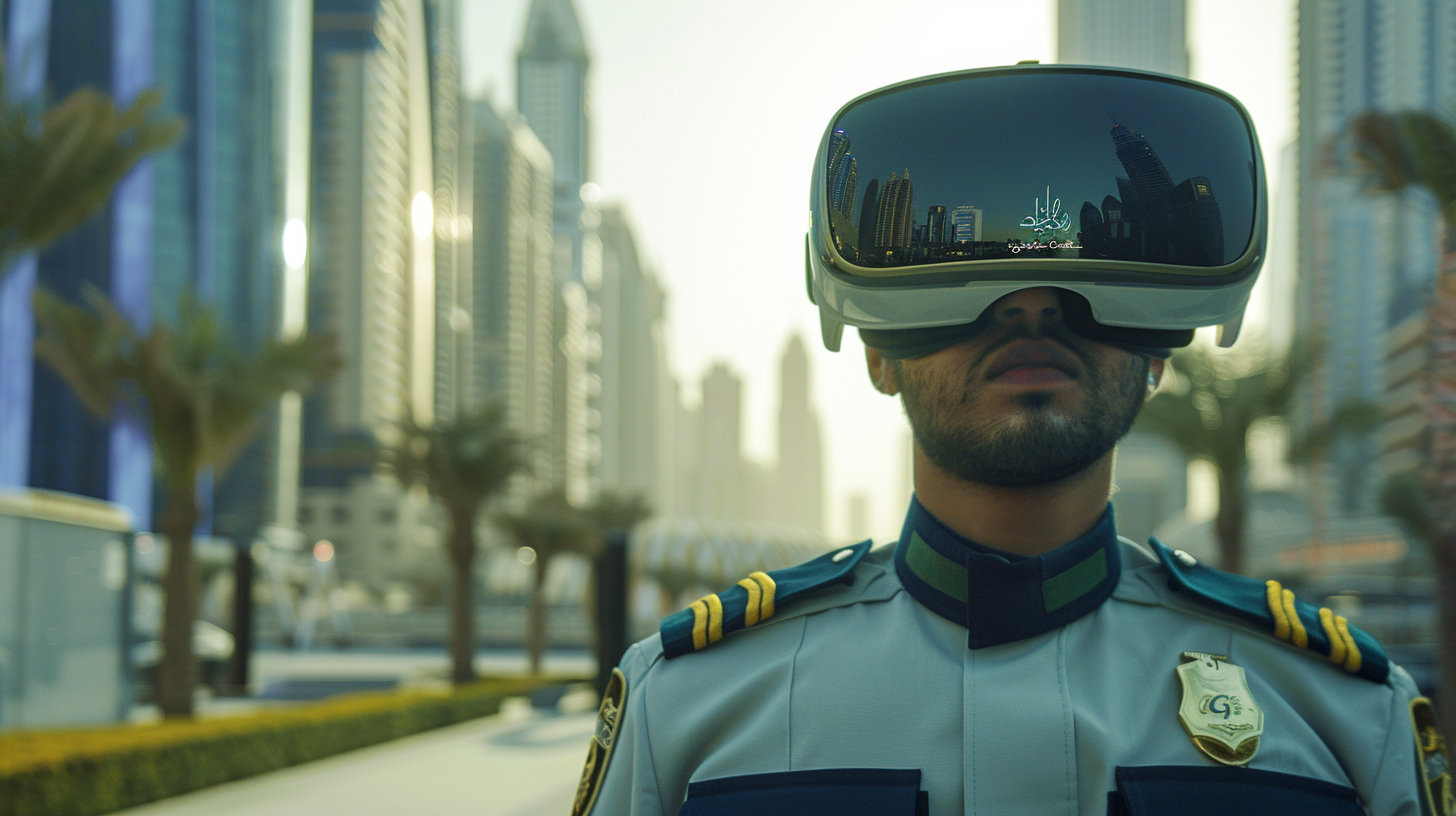 A Dubai police officer wears VR headset