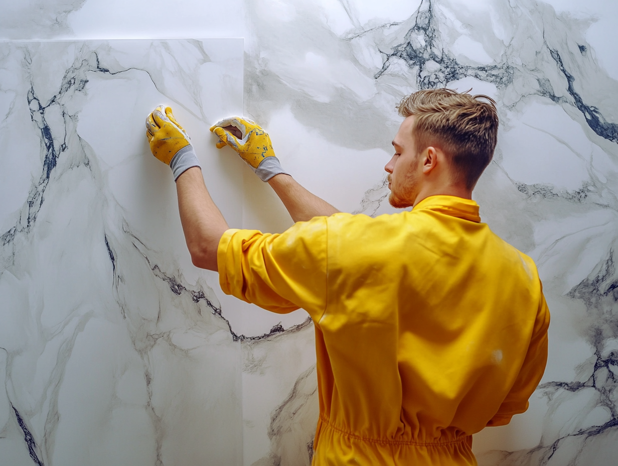 A European builder in yellow glues marble panel