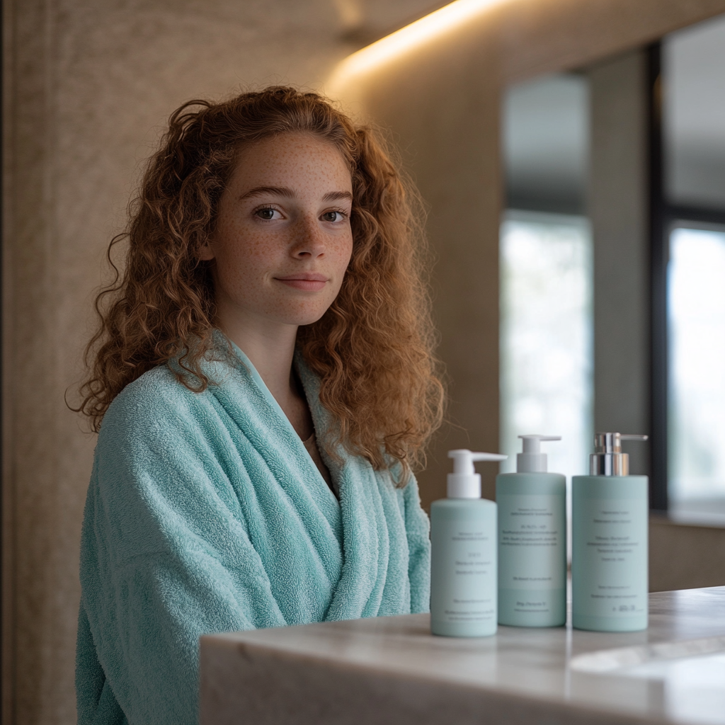 A European girl in modern bathroom with products.