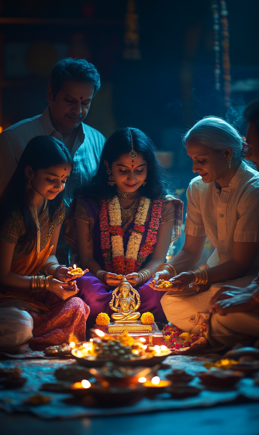 A Family Celebrates Diwali Puja with Goddess