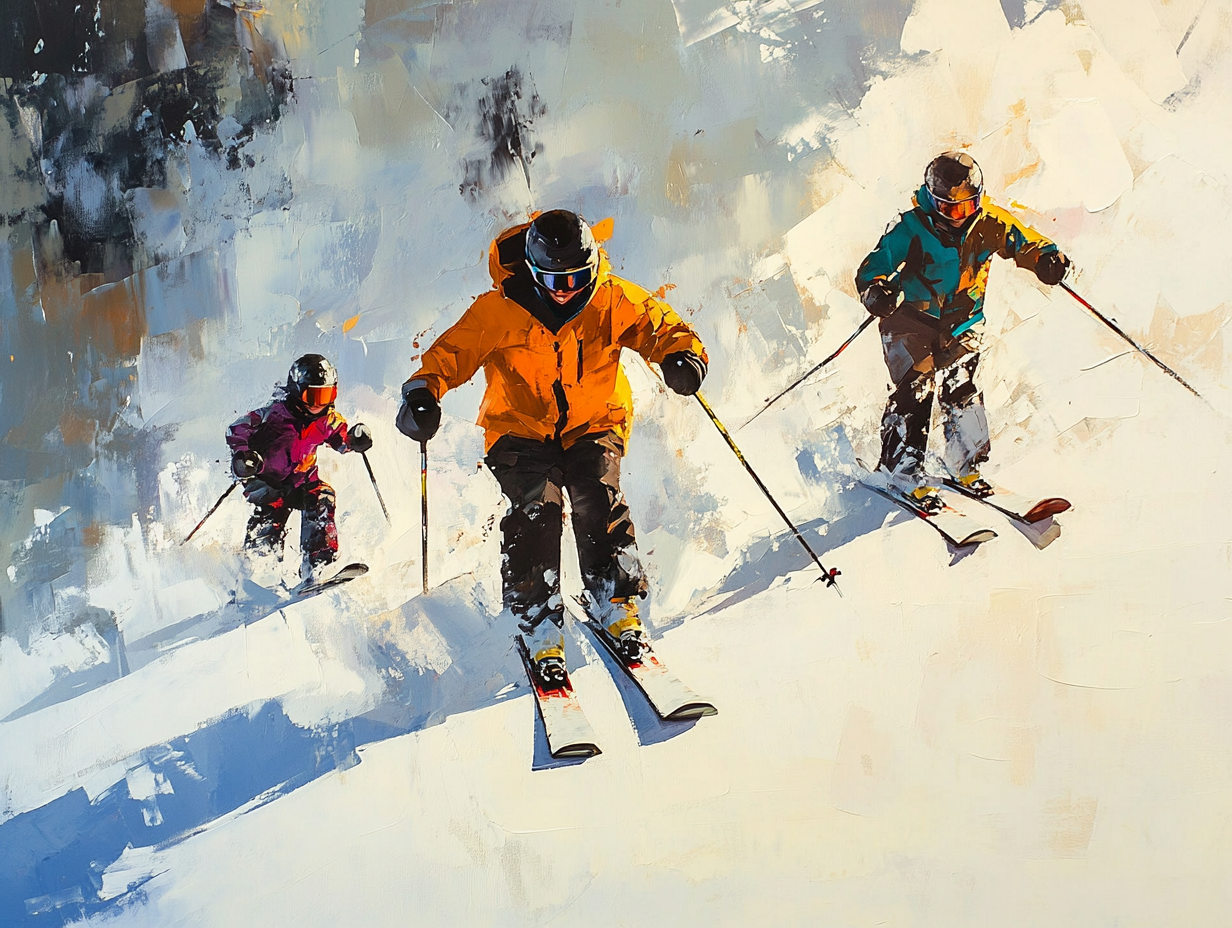 A Family Skiing Together in Abstract Style