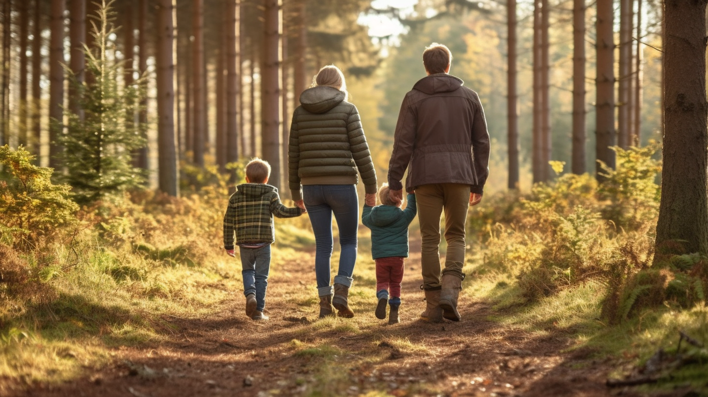 A Family in Forest: Parents, Child in Nature