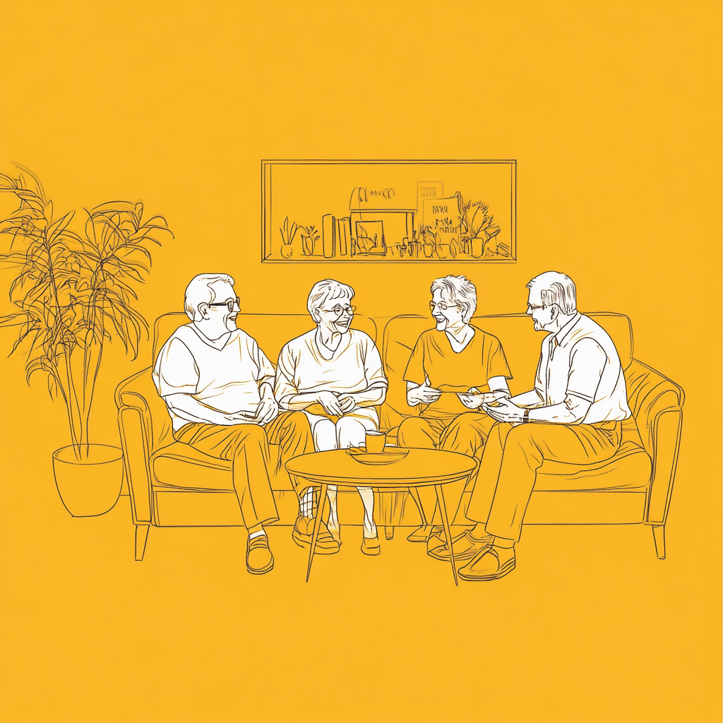 A Family of Four Talking on Mustard Sofa