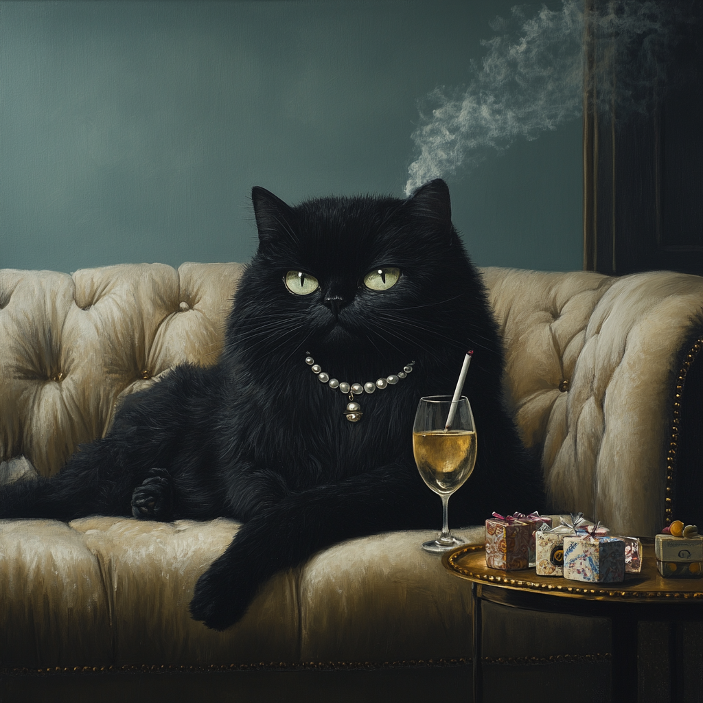 A Fancy Cat Relaxing with Wine and Candy.