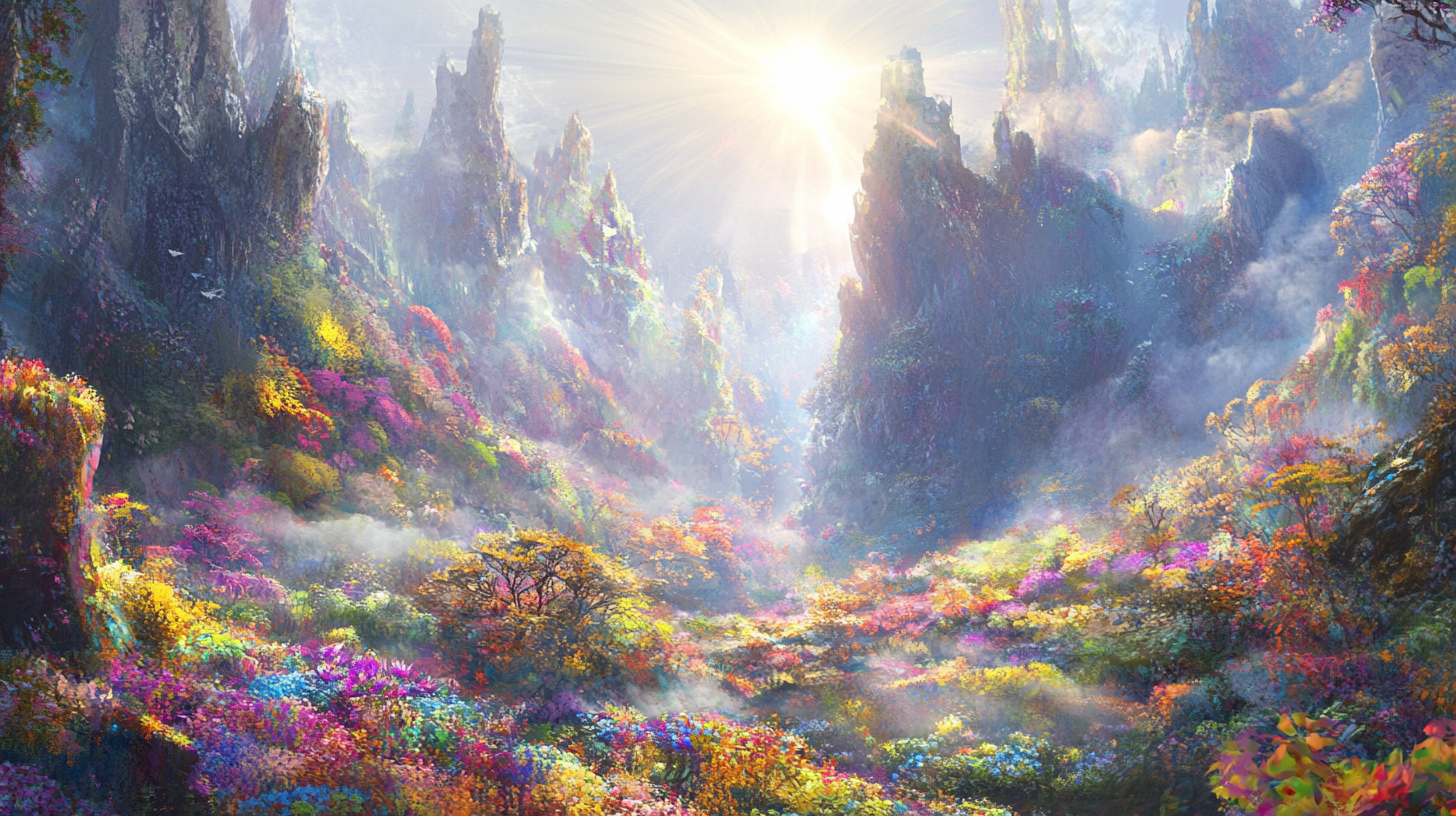 A Fantasy World with White Sky and Lush Vegetation