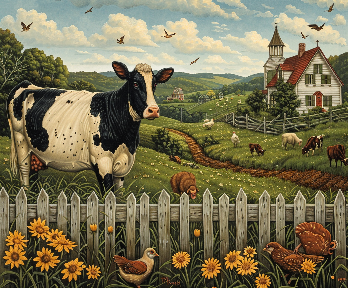 A Farmyard with Animals in a Naïve Style