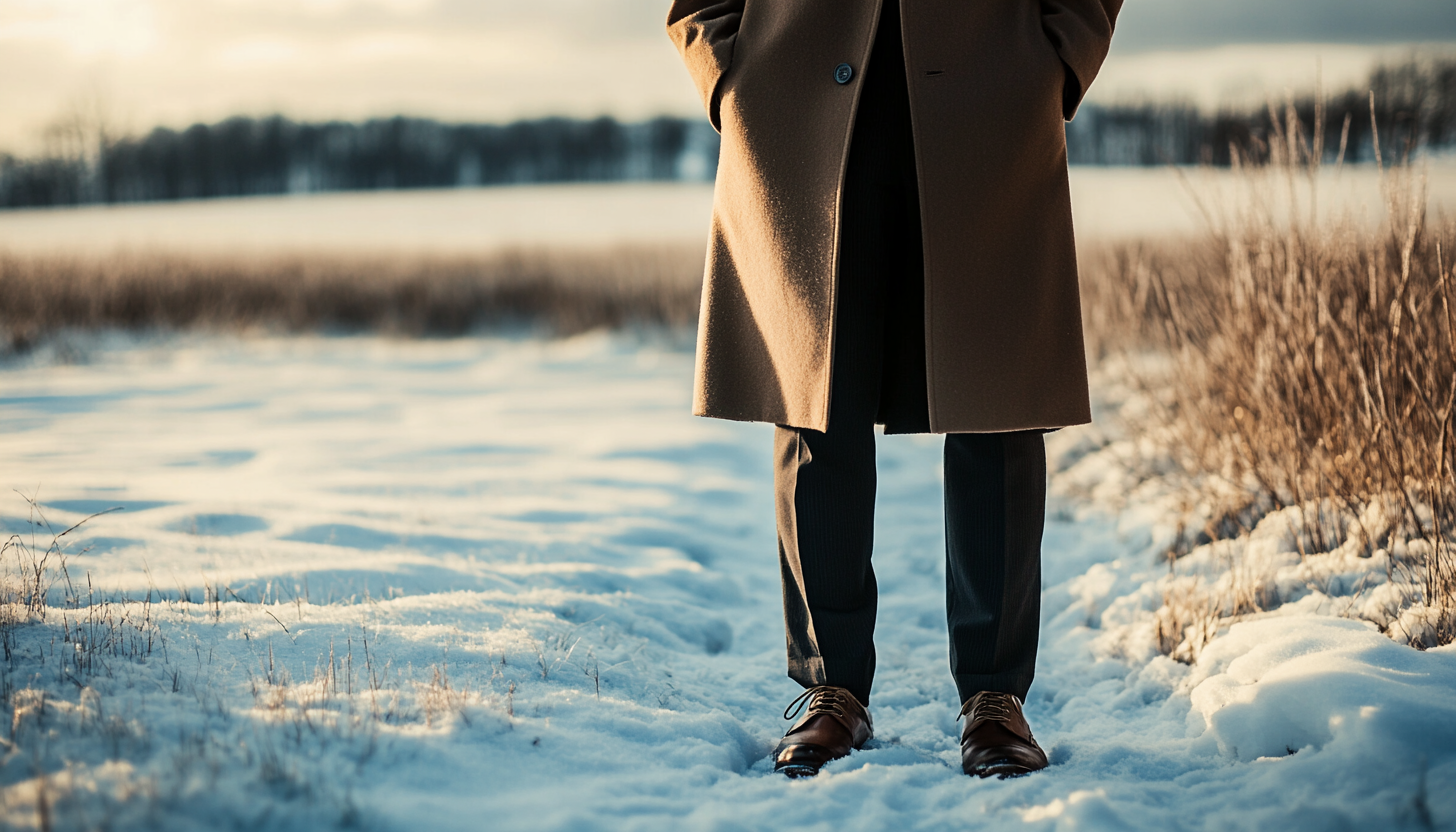 A Fashionable Lawyer Stands in Snowy Landscape