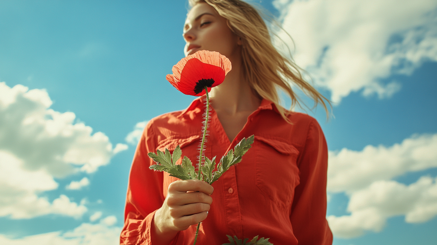 A Fashionable Woman Holding Poppy Flower Under Sky