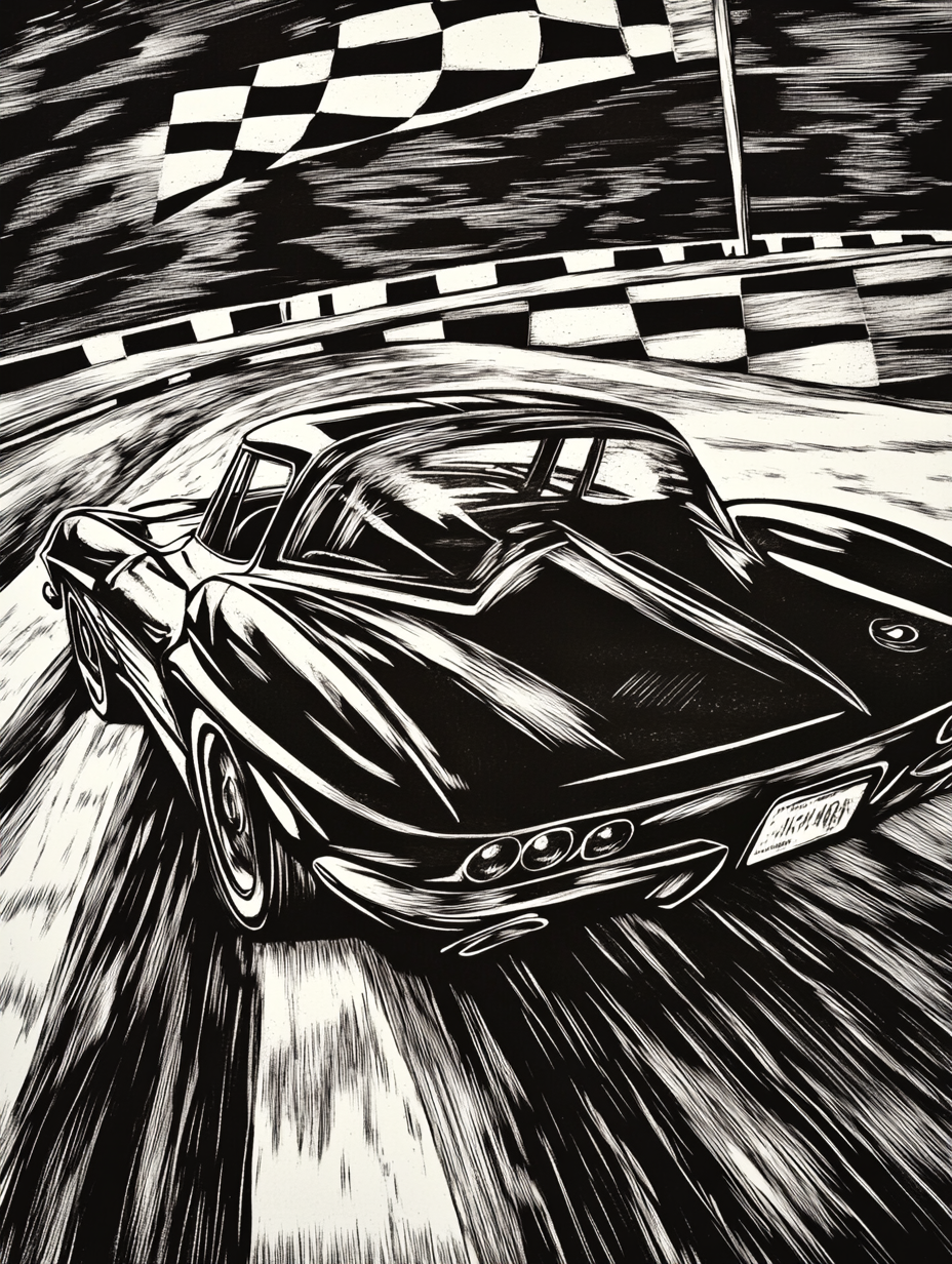 A Fast Corvette Racing in Classic Woodcut Style