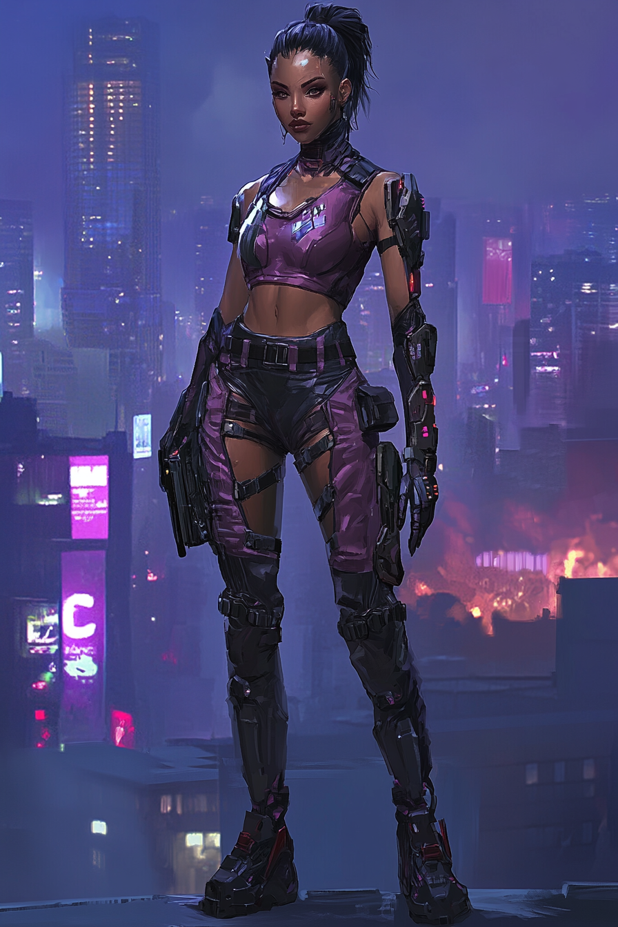 A Female Cyberpunk Character in City at Night