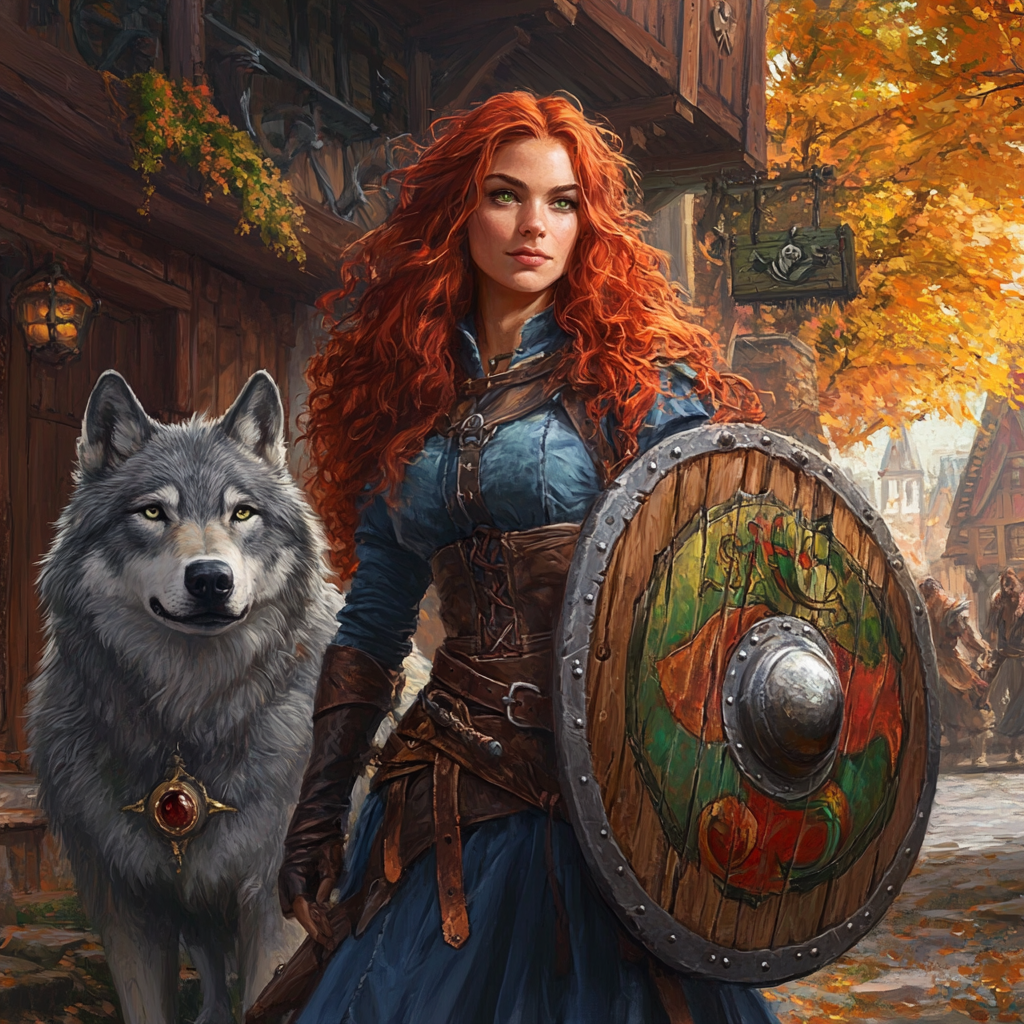 A Female Druid with Red Hair and Wolf