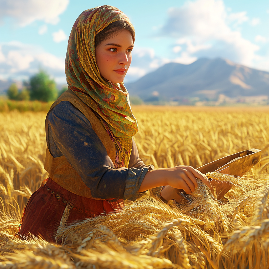 A Female Farmer in Vibrant Outfit Harvests Wheat.