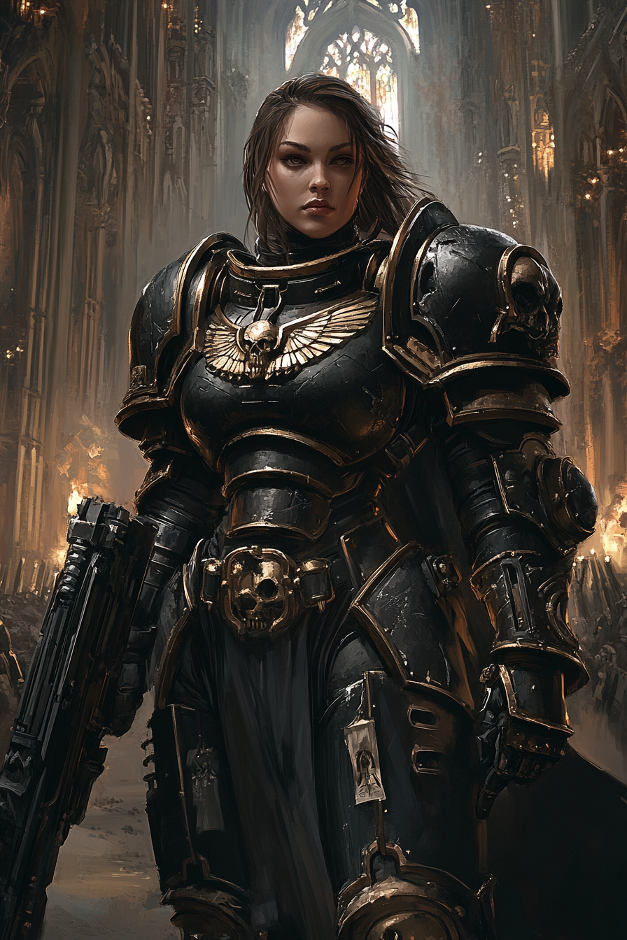 A Female Soldier in Power Armor in Dark Cathedral