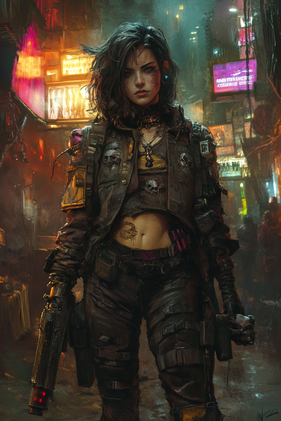 A Female Warhammer 40K Hive Ganger in Street Clothes.