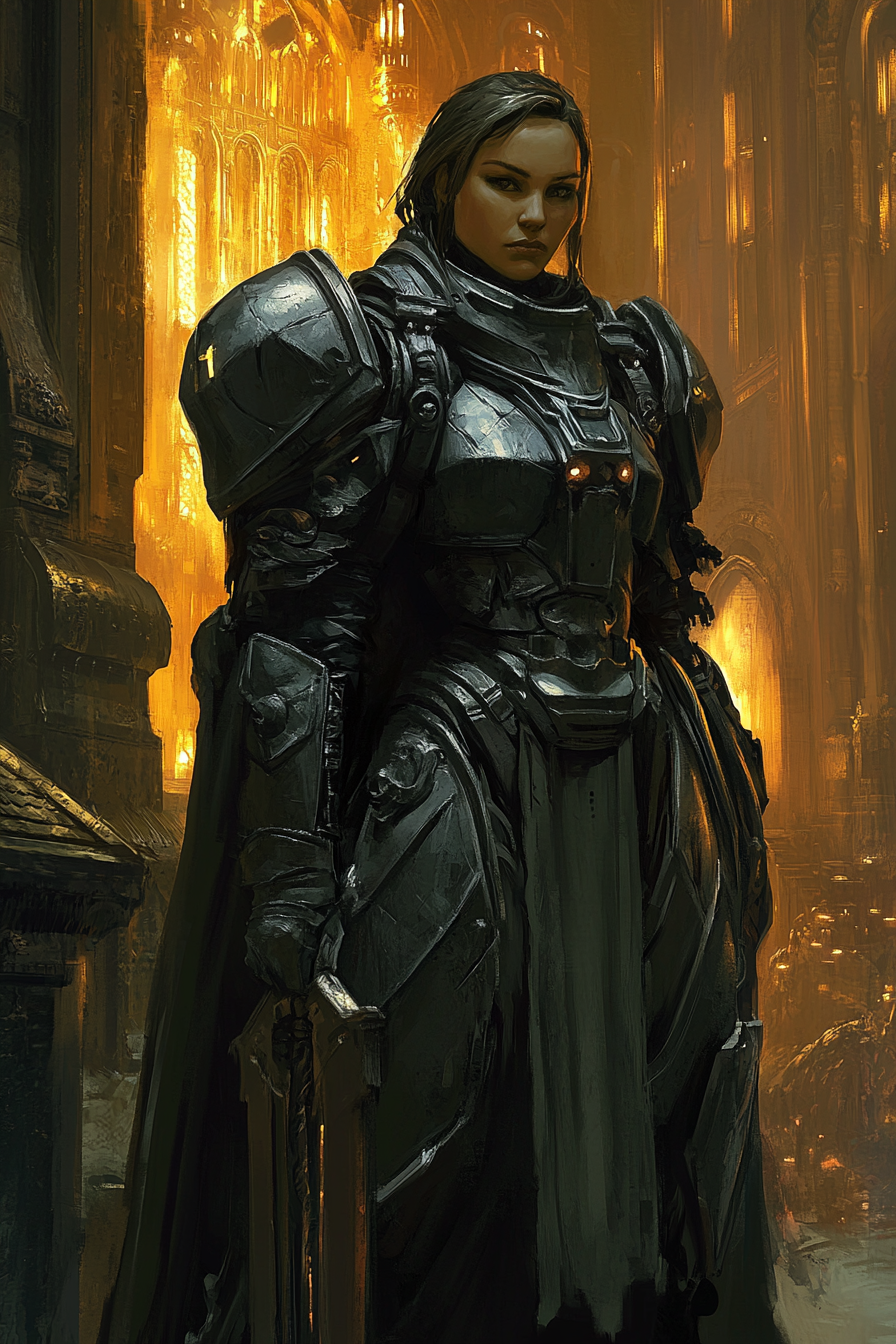 A Female Warrior in Dark Armor in Gothic Cathedral.