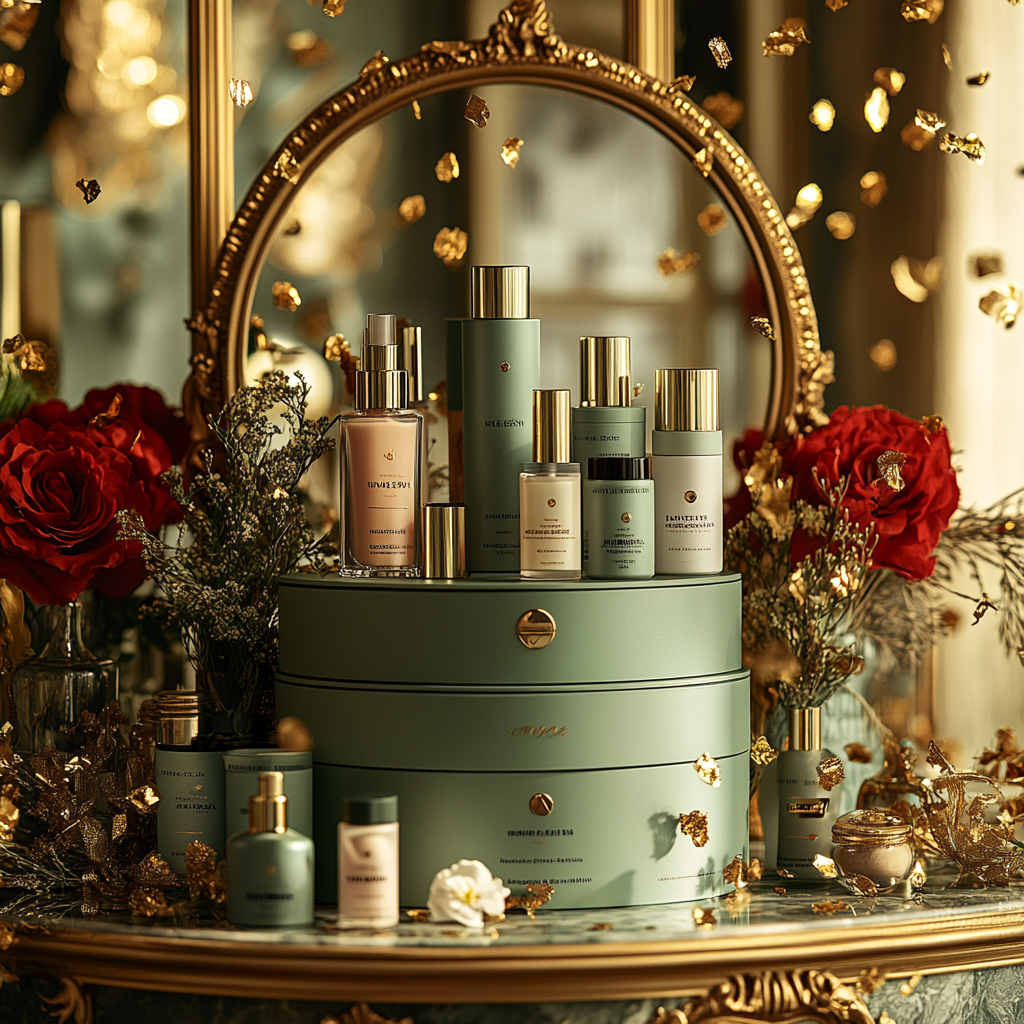 A Festive Beauty Product Display in Gold Room