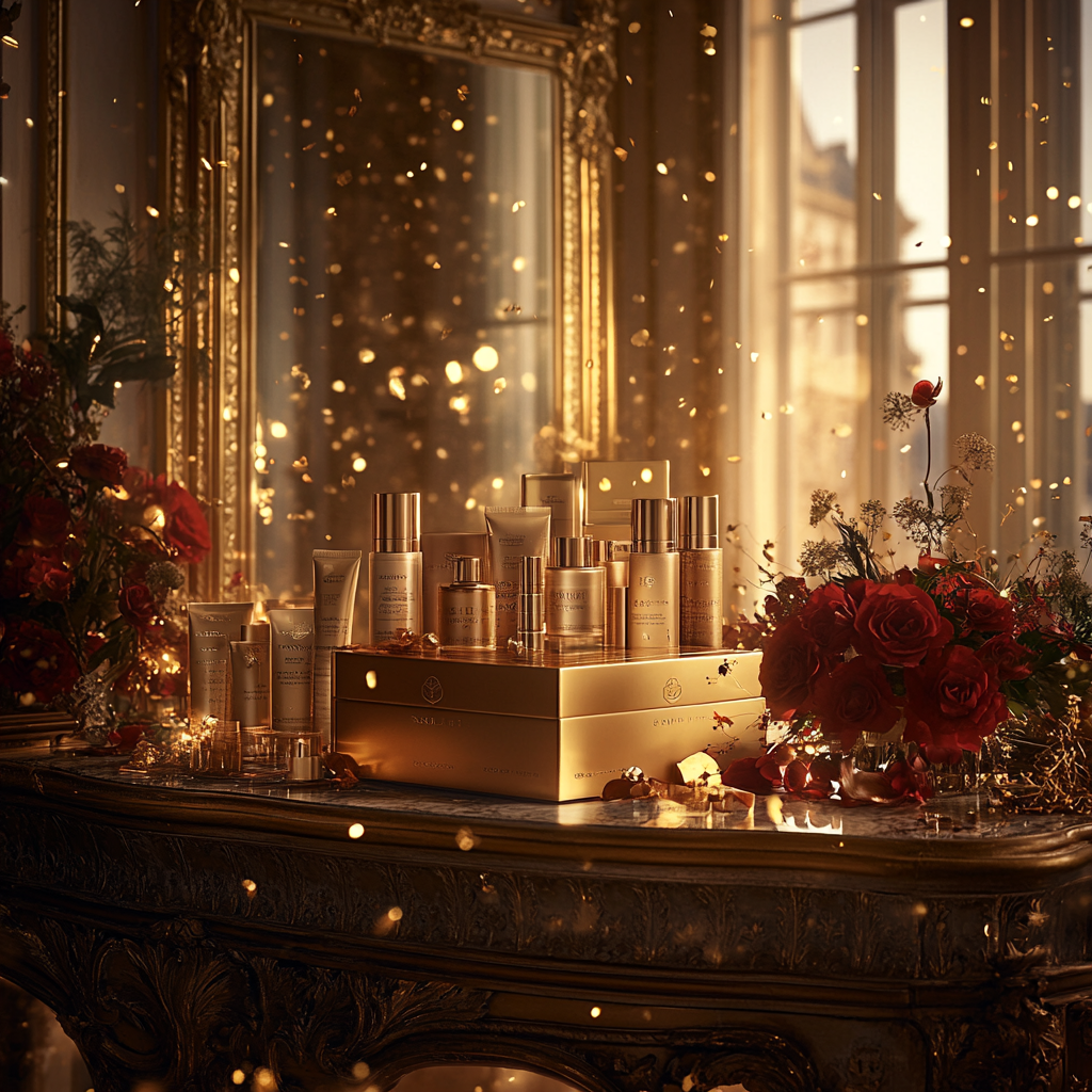 A Festive Beauty Product Showcase in Gold Room