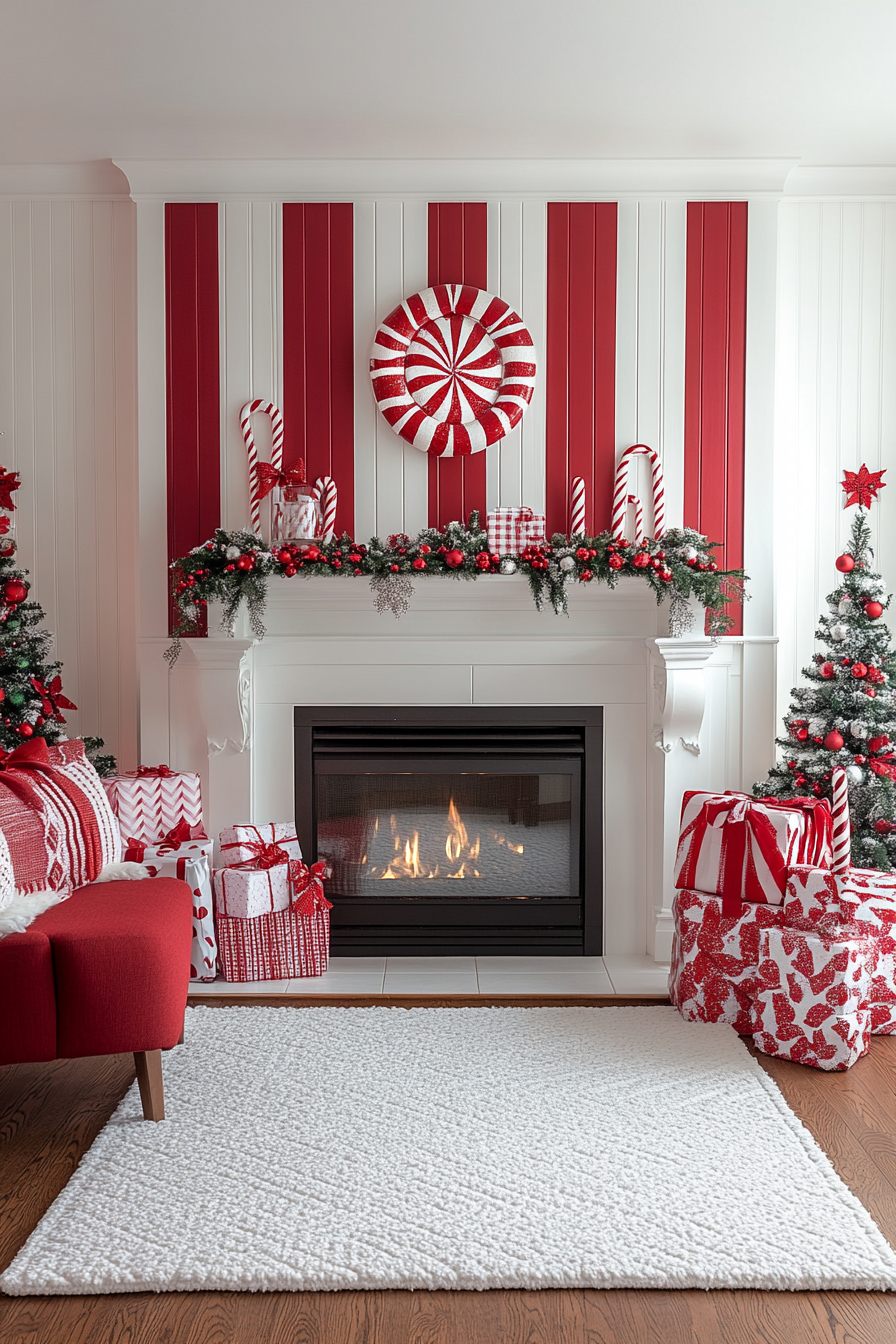 A Festive Candy Cane Fireplace Mantle Display