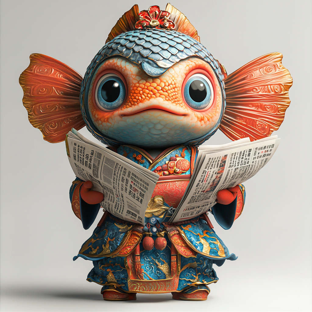 A Festive Chinese Character Holding Newspapers in 3D