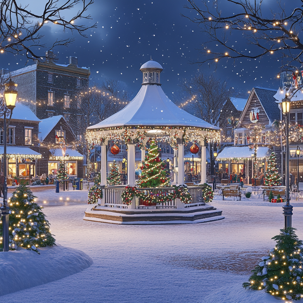 A Festive Christmas Town Square with Sparkly Decorations