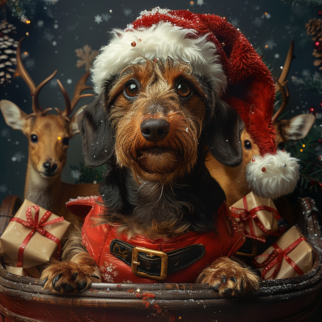 A Festive Dachshund in Santa Sleigh Scene