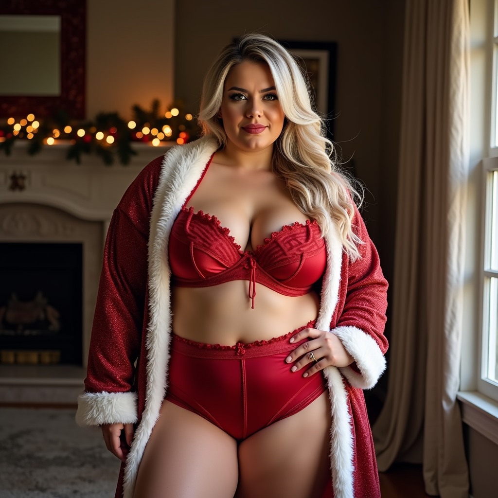 A Festive Plus-Size Woman in Red Lingerie