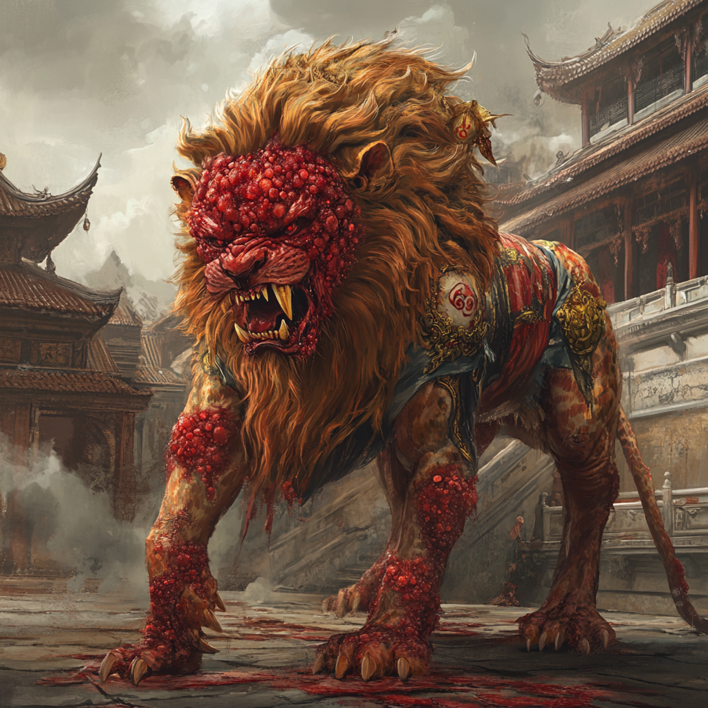 A Fierce Chinese Lion with Red Insectoids Curse