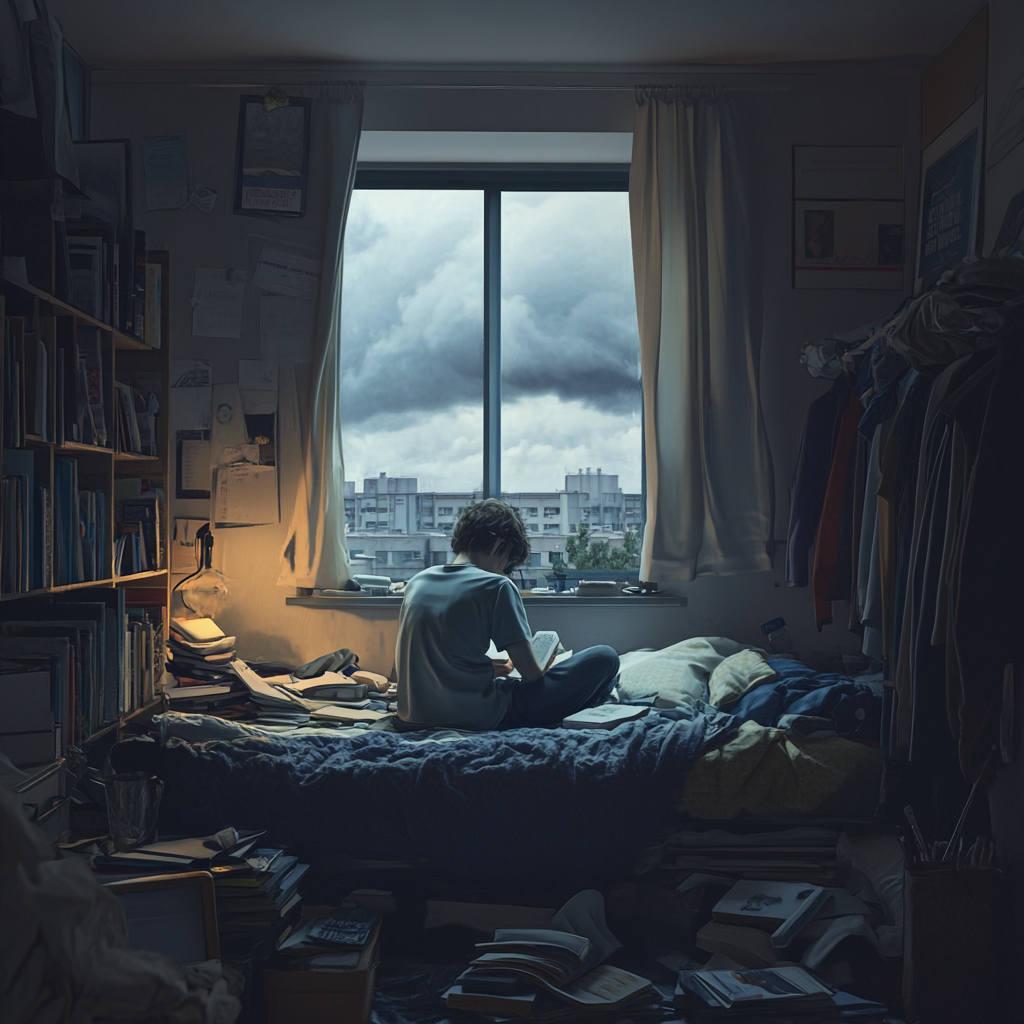 A Figure Sits on Bed Surrounded by Books