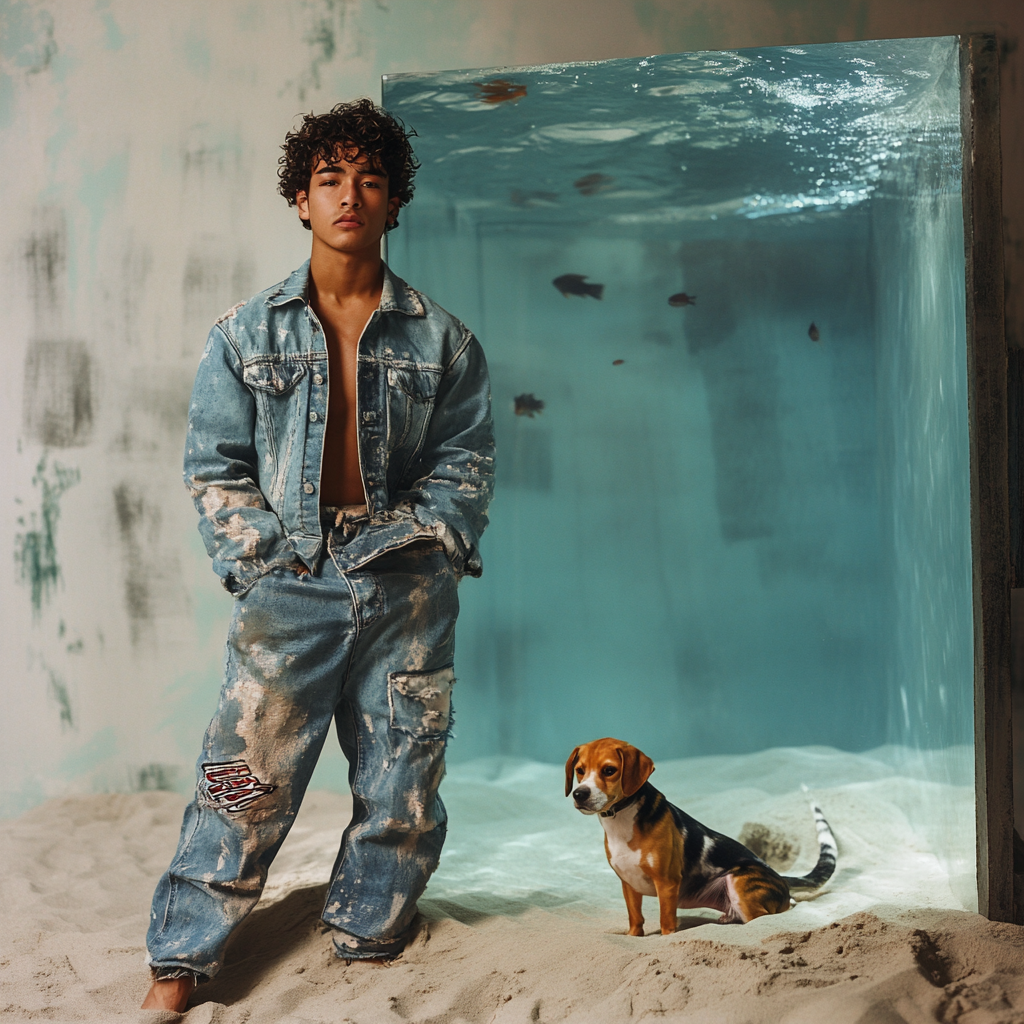 A Filipino-American boy in denim on beach with dog