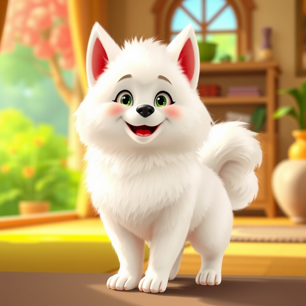 A Fluffy American Eskimo Dog in Pixar Style