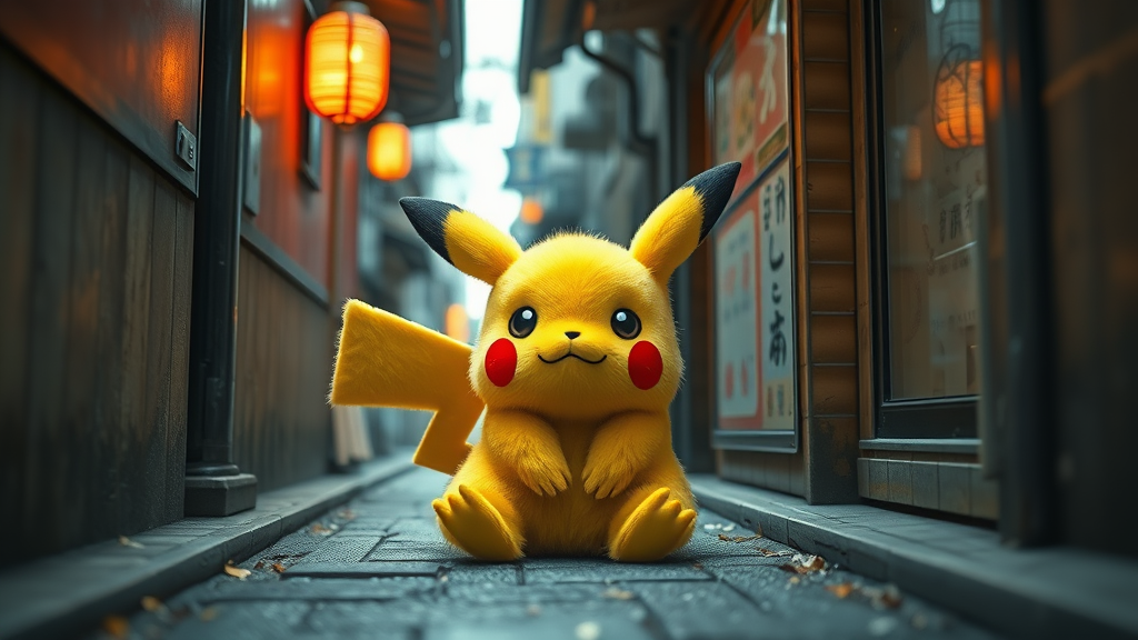 A Fluffy Pikachu in a Japanese Alleyway