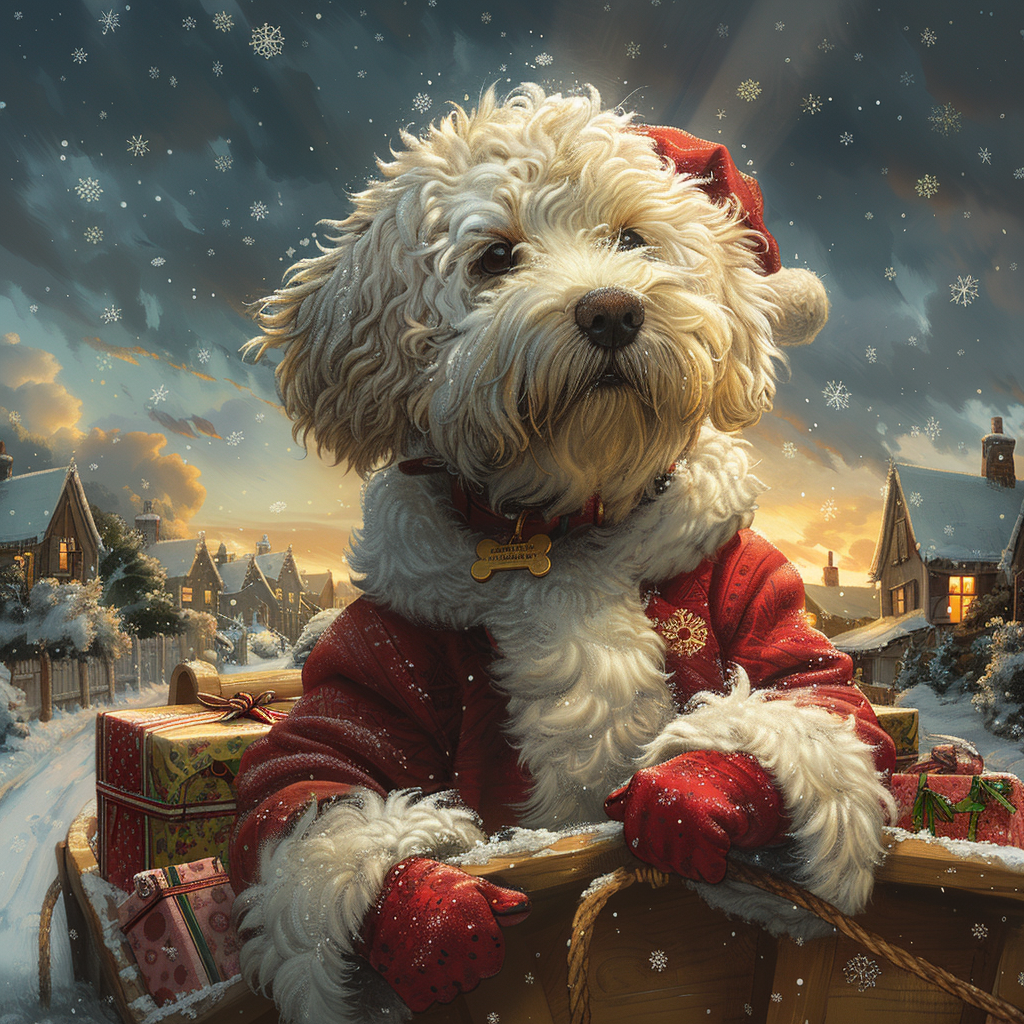 A Fluffy Santa Dog in Festive Winter Wonderland