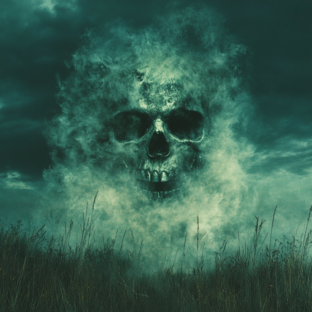 A Foggy Evil Skull Creeping Through Meadow