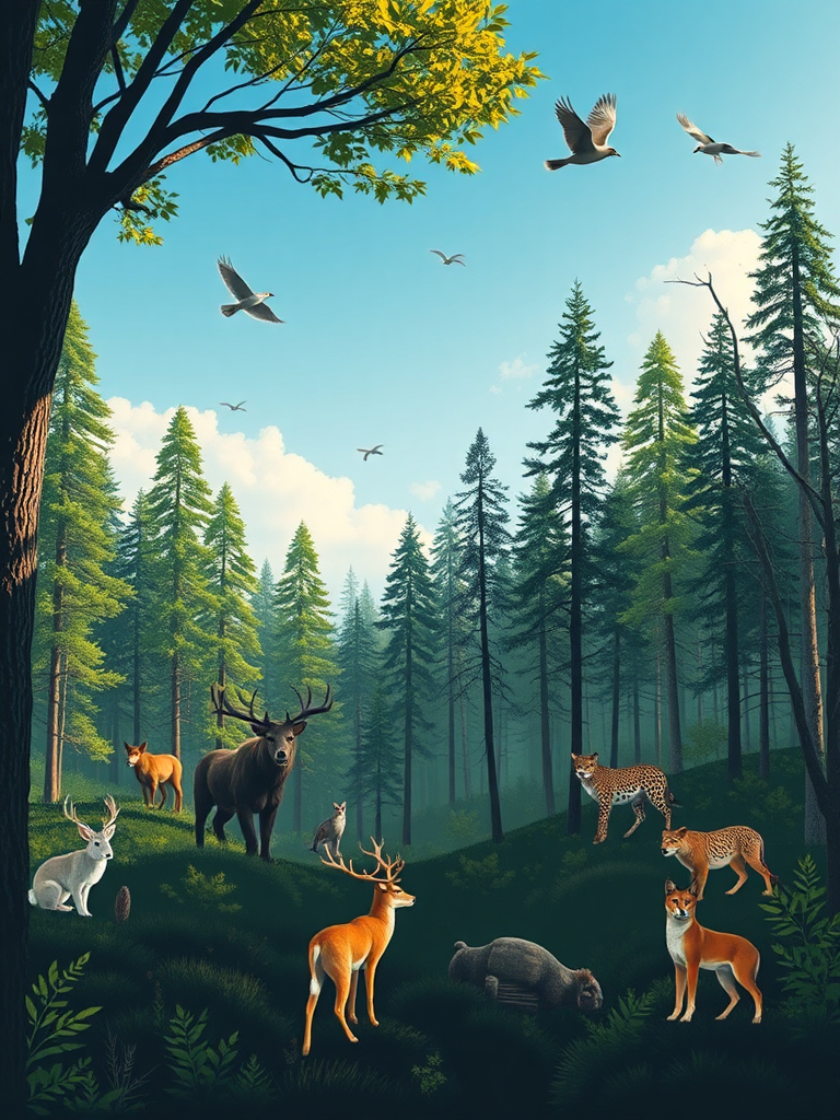 A Forest with Animals and Clear Sky View