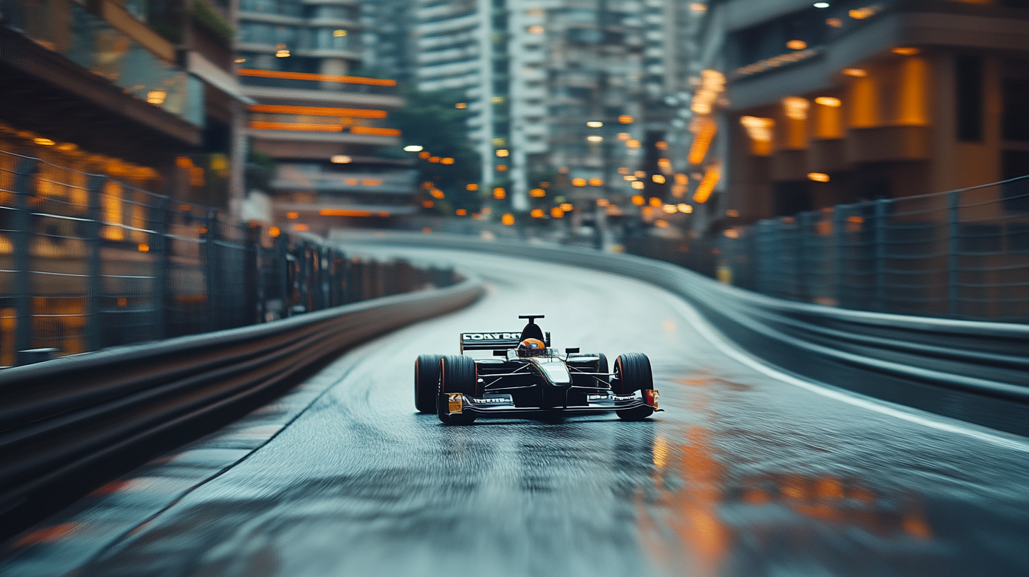 A Formula 1 Car Speeding Around a City Bend