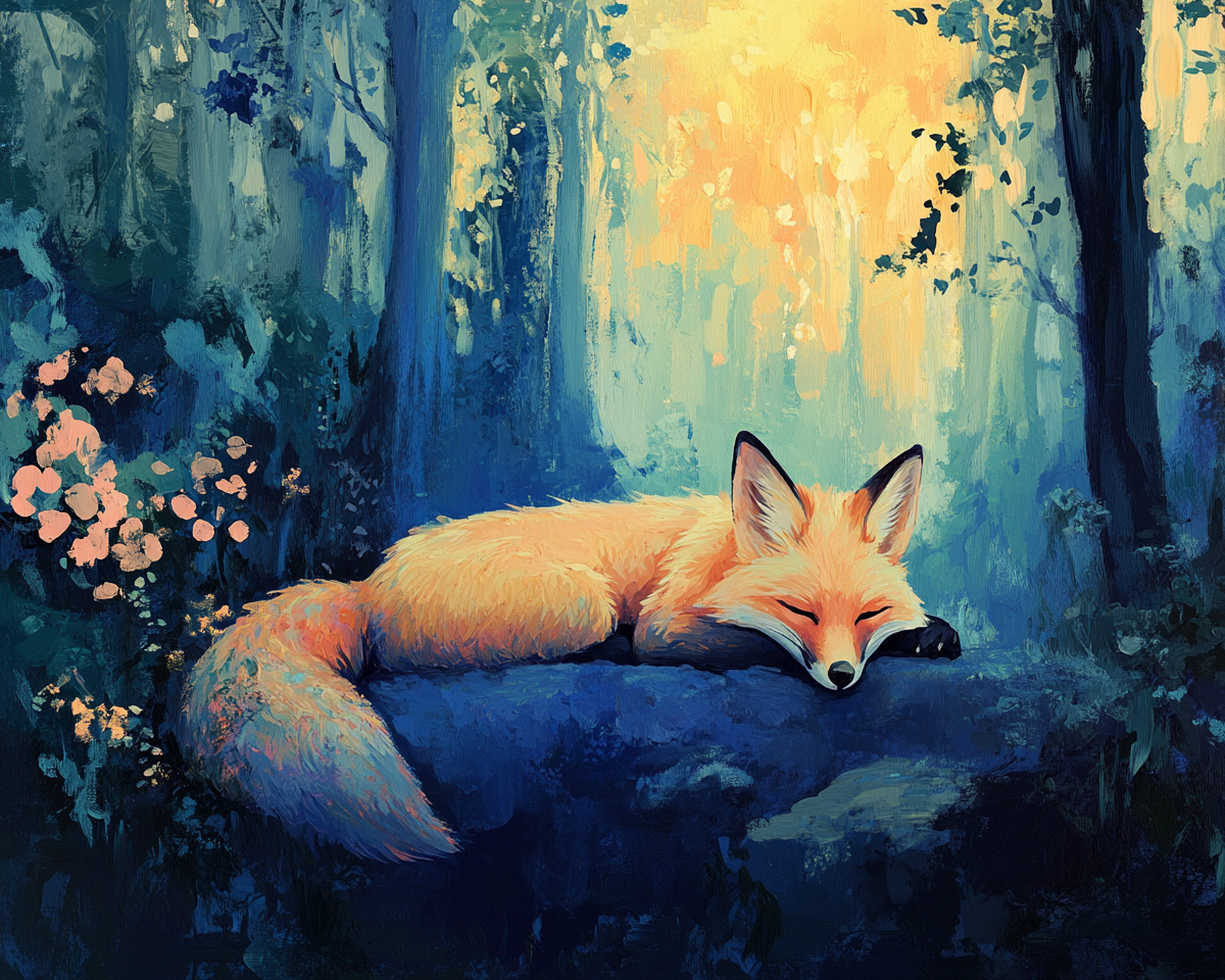 A Fox Resting in Moody Forest: Acrylic Painting