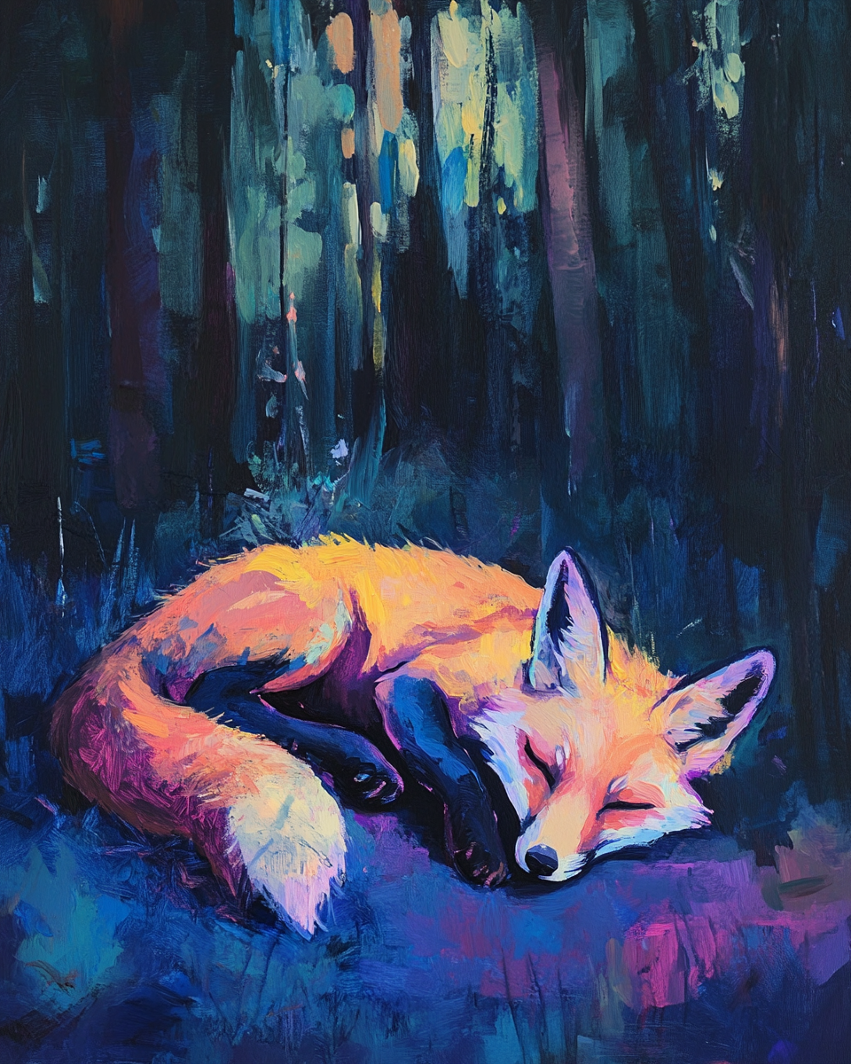 Acrylic Painting of a Fox Resting in Forest