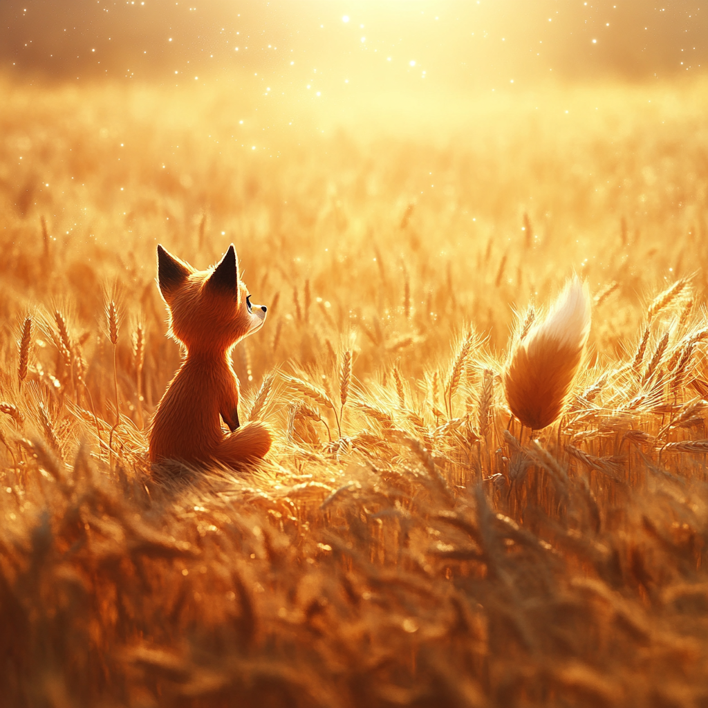 A Fox and Little Prince in glowing wheat field.