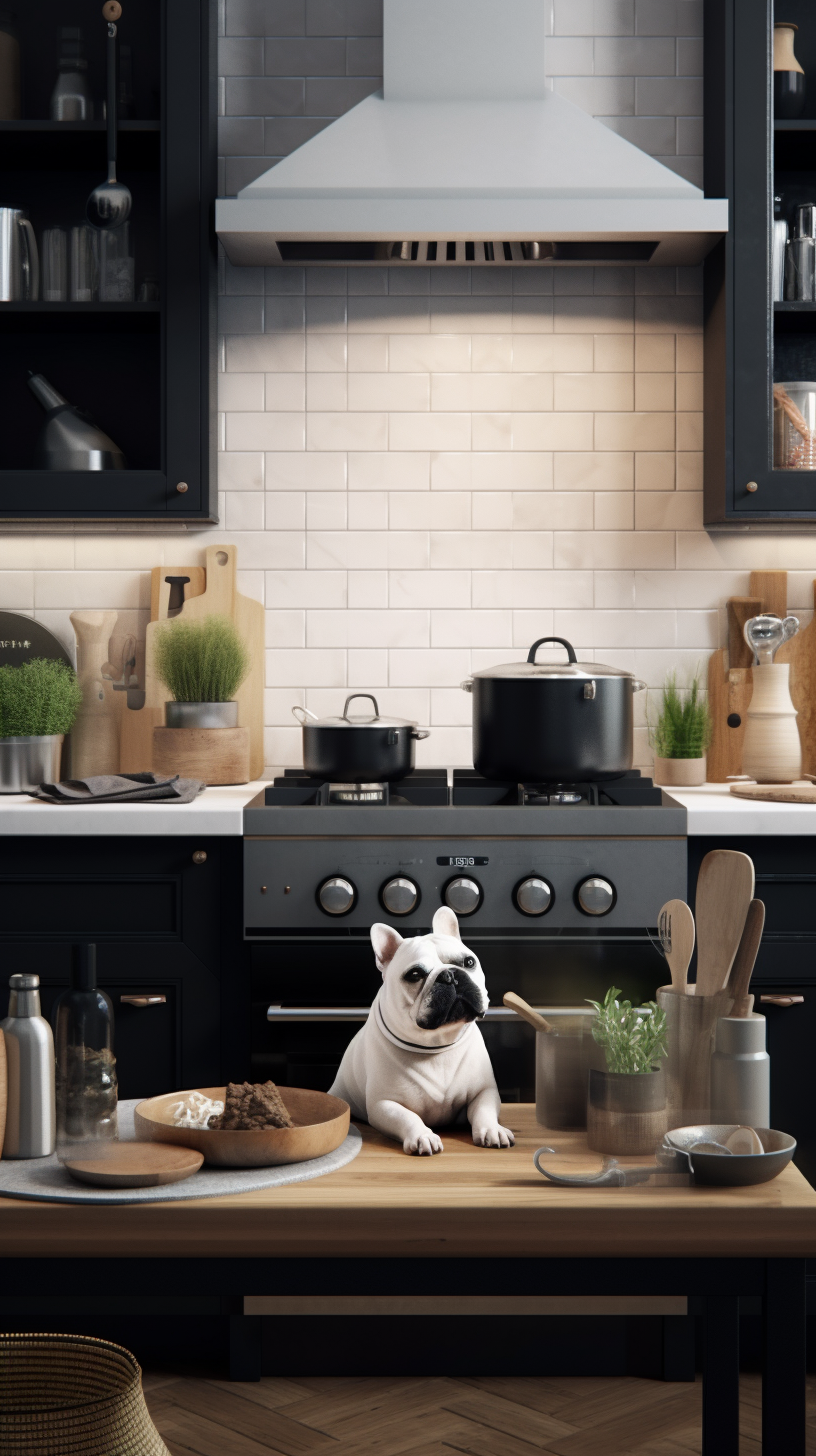 A French Bulldog Chef Cooking in Fancy Kitchen.