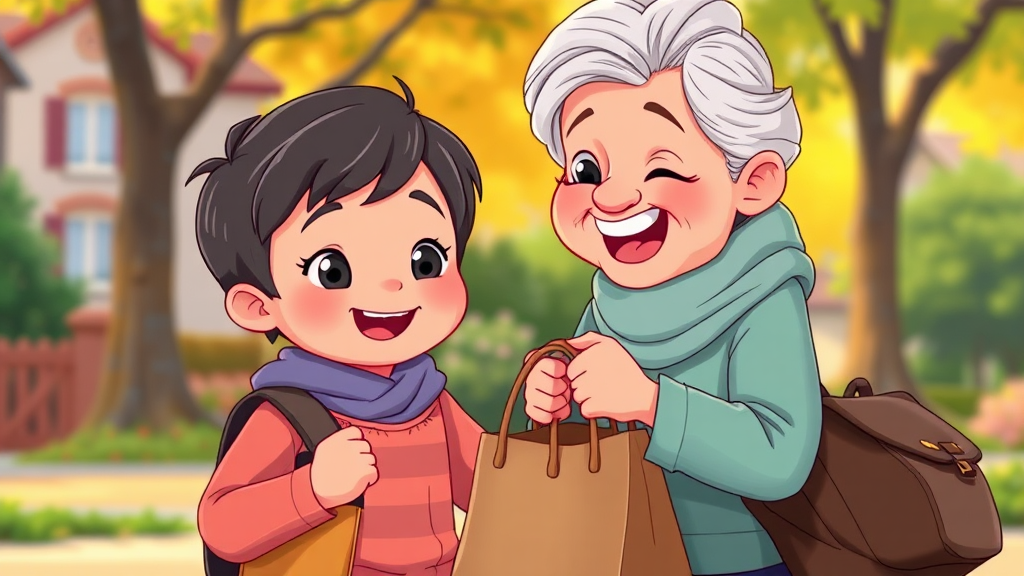 A Friendly Child Helping Elderly Person in Neighborhood.