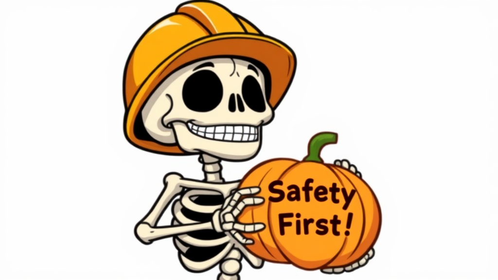 A Friendly Skeleton with Safety Helmet and Pumpkin.