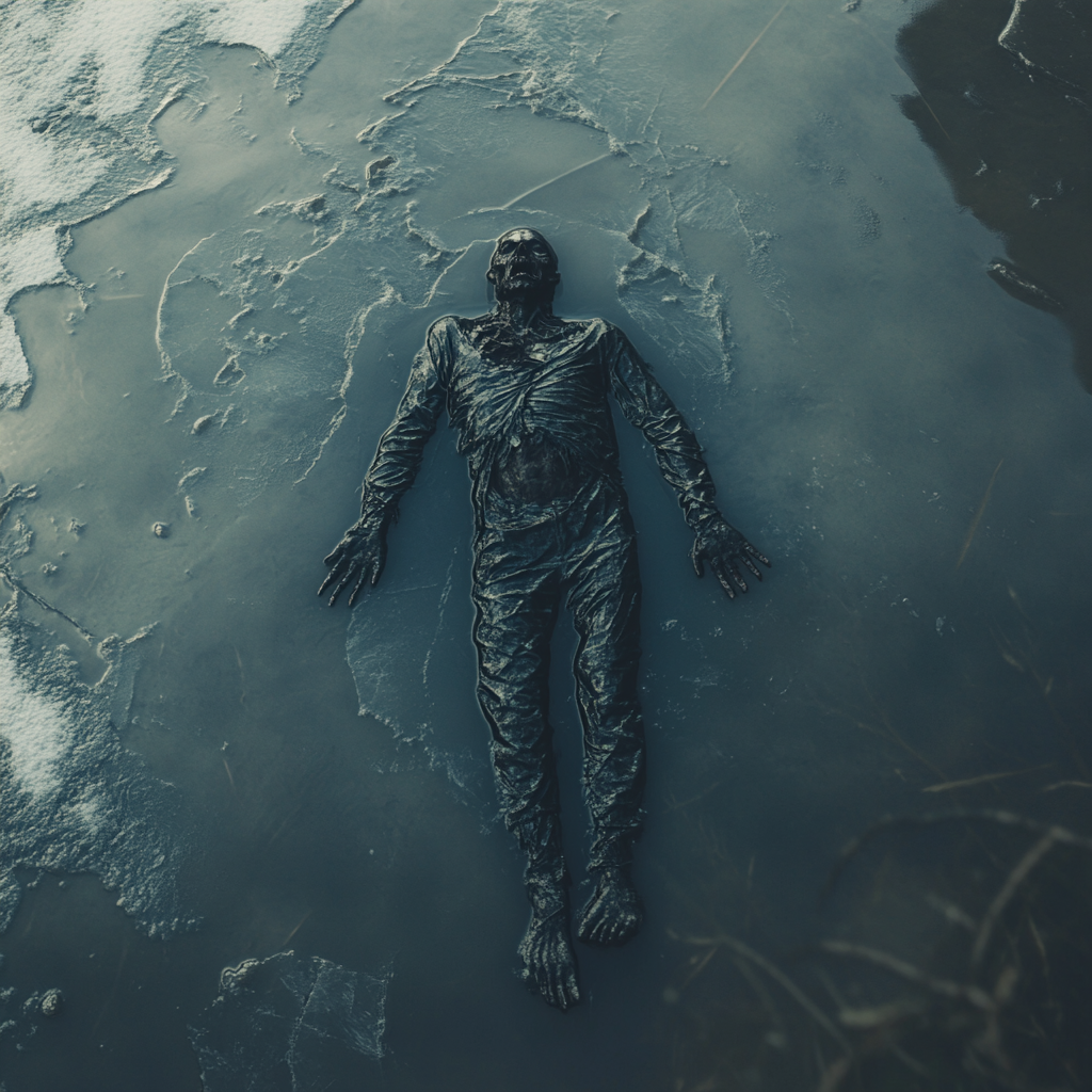 A Frozen Zombie Stuck Under Winter Lake