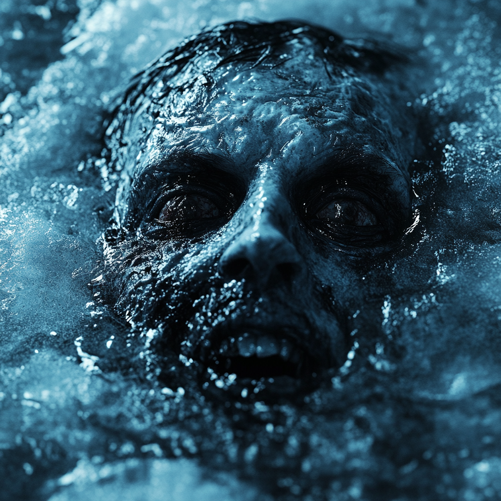 A Frozen Zombie Under Frozen Lake in Winter