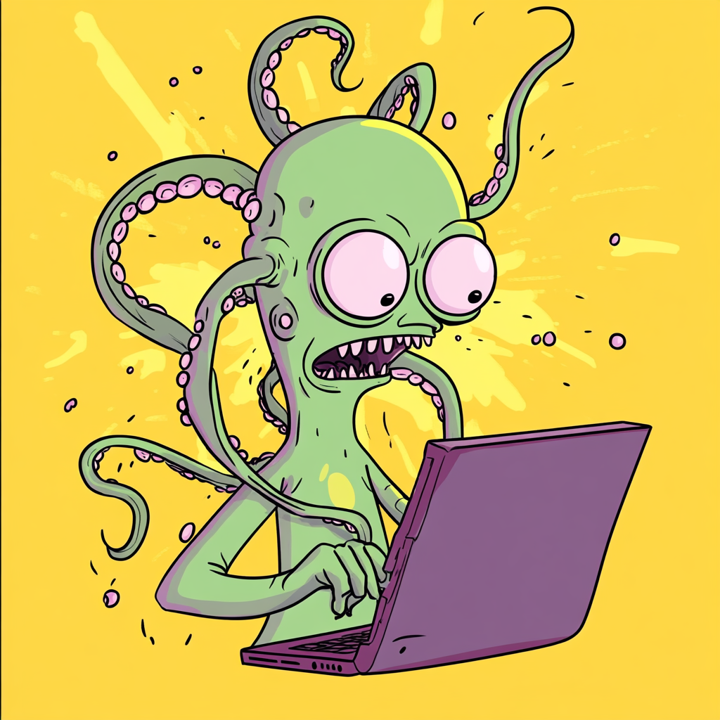 A Funny Alien Working on Laptop with Tentacles