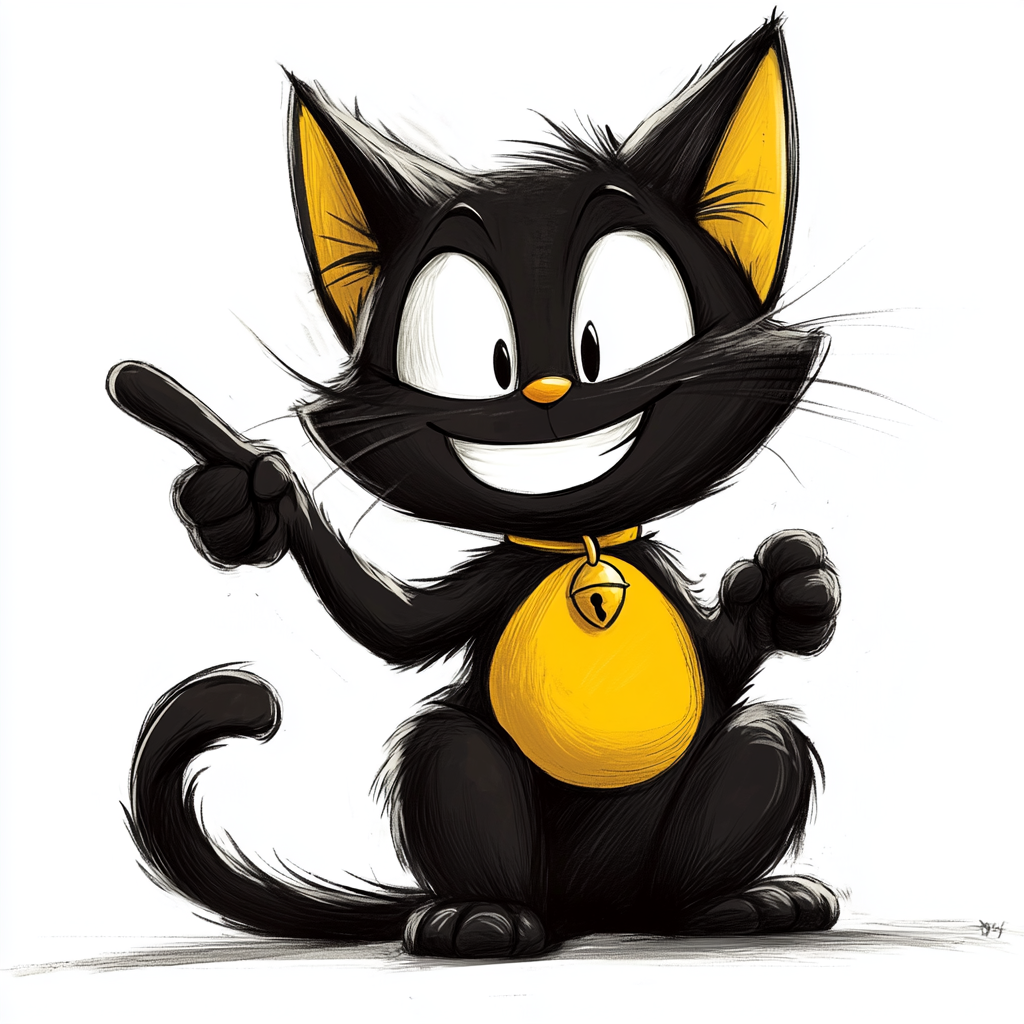 A Funny Black and Yellow Cat Pointing Cartoon