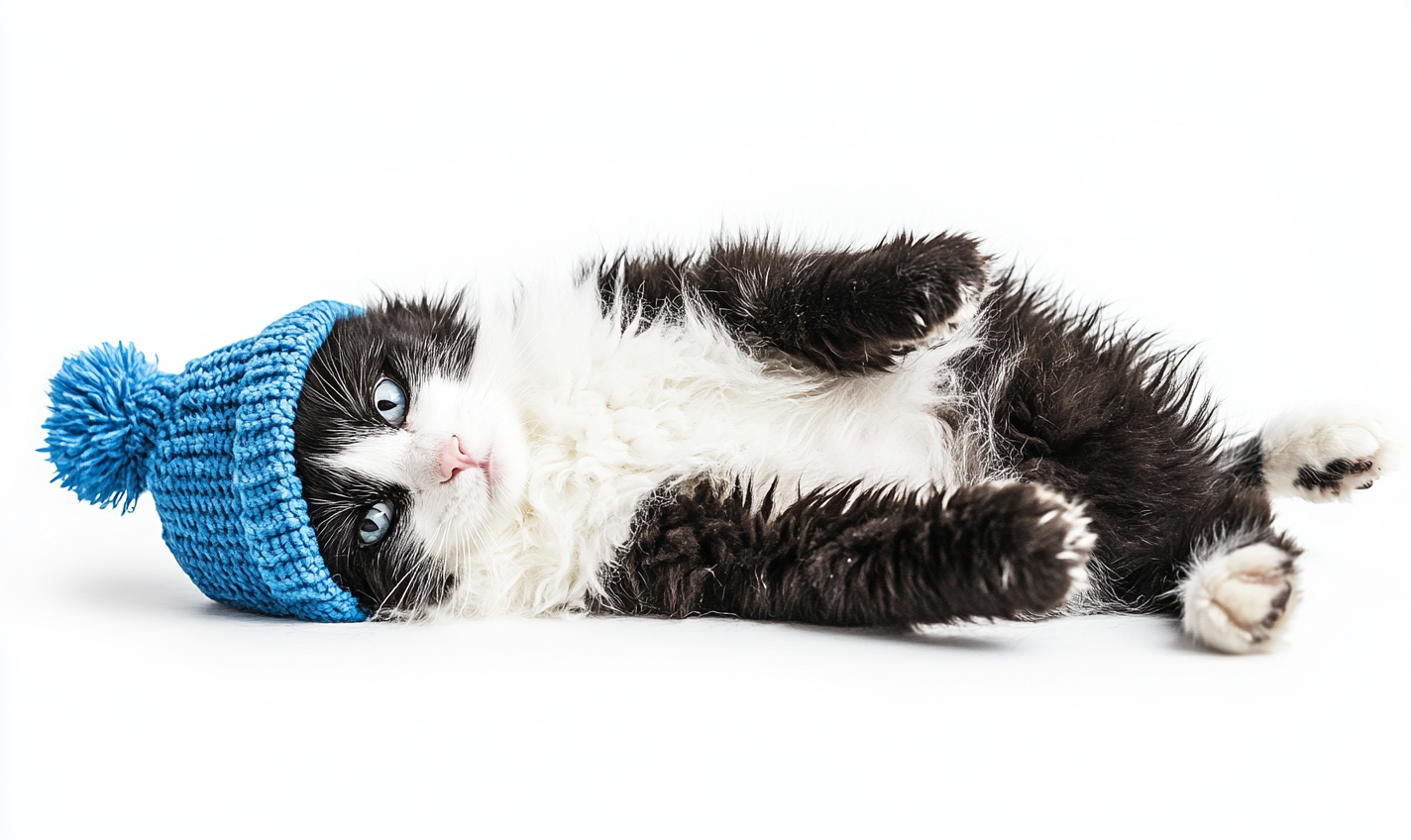 A Funny Cat Wearing Blue Beanie Lying Down