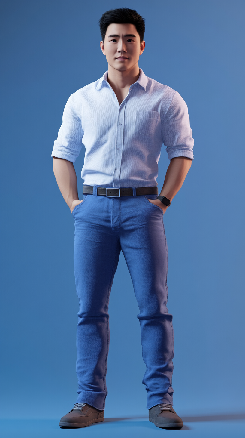 A Funny Curious Asian Man in Blue Pants